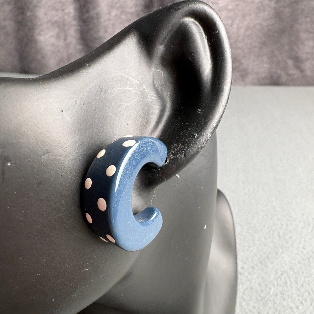 Navy Blue Polka Dot Resin Hoop Earrings Chunky C-Shape Retro Post Back